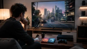 Gamer choosing between two game editions before starting an open-world adventure.