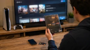 Gamer comparing a boxed game purchase with digital download access at home.